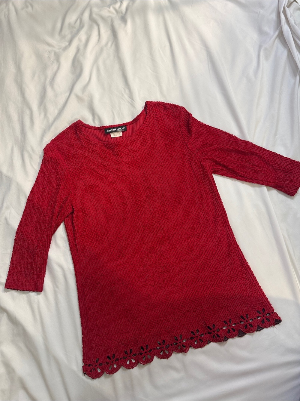 Bright Red Women's Knit Crewneck Sweater with Scalloped Eyelet Hem